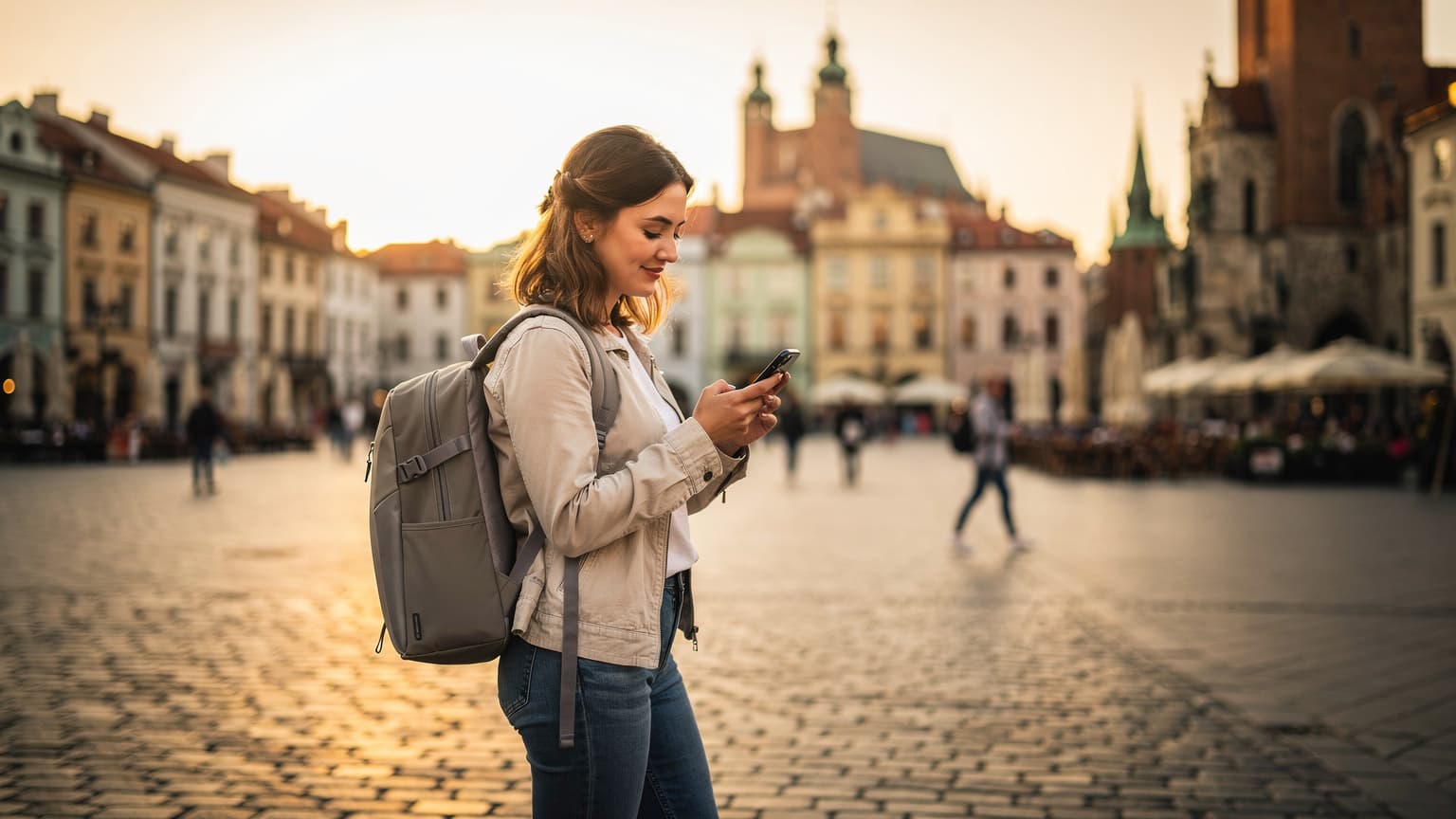 Mladá žena s batohom pozerá na mobilný telefón na historickom námestí v Krakove, s Wawelským hradom v pozadí.