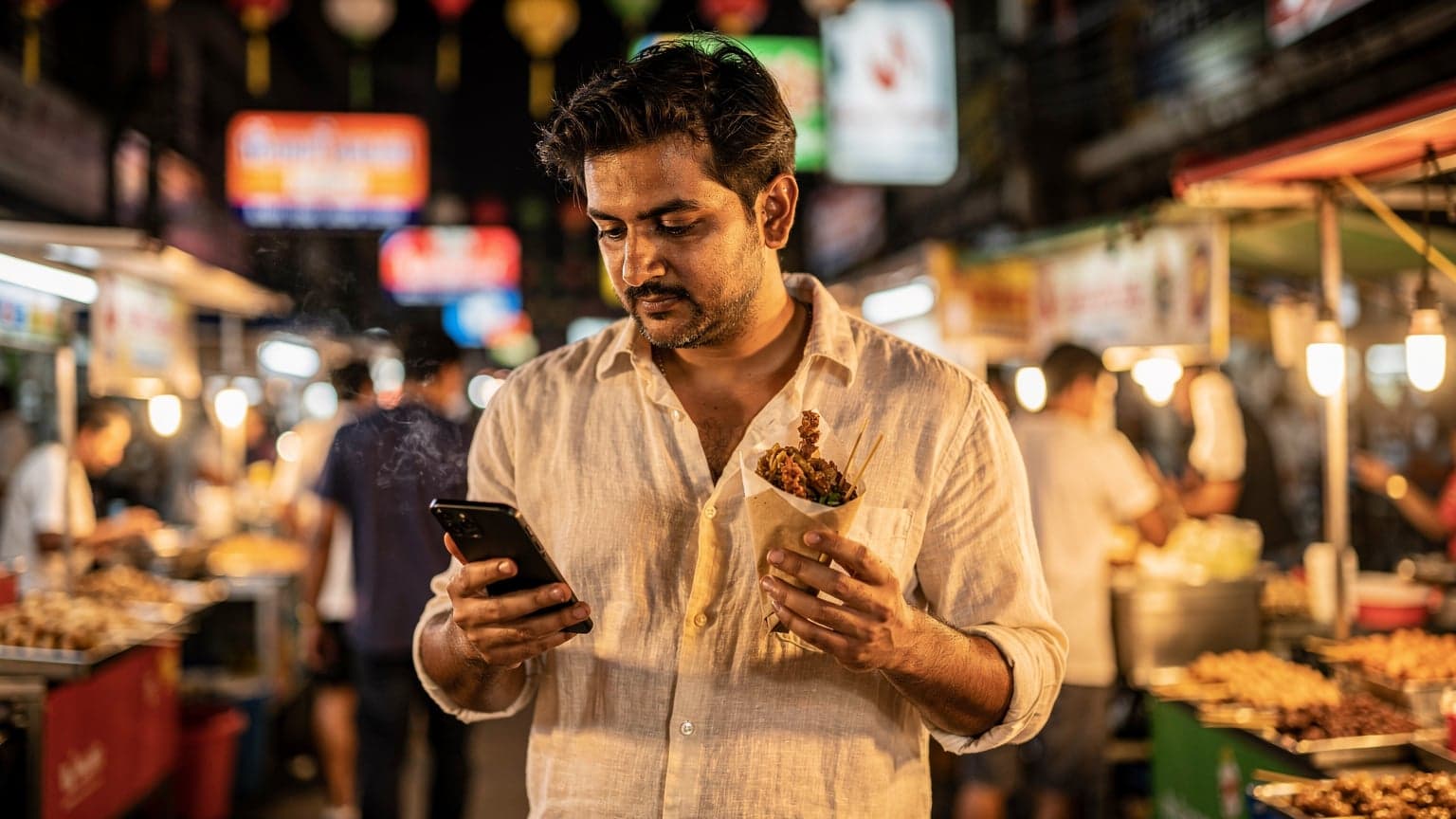 थाईलैंड के एक व्यस्त बाजार में एक भारतीय यात्री अपने स्मार्टफोन पर Cellesim eSIM सेटिंग्स की जाँच कर रहा है, उसके हाथ में स्थानीय स्ट्रीट फूड का एक पैकेट है.