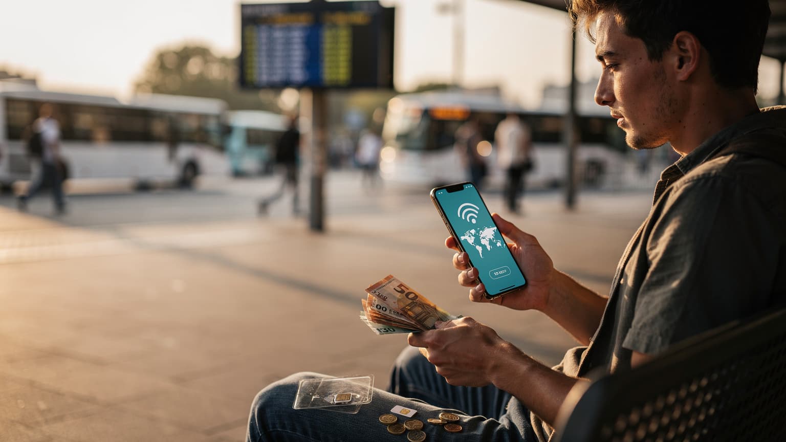 A budget backpacker looking at her phone, sitting on a worn wooden bench at a bustling train station in Budapest, with a large, well-loved backpack beside her.