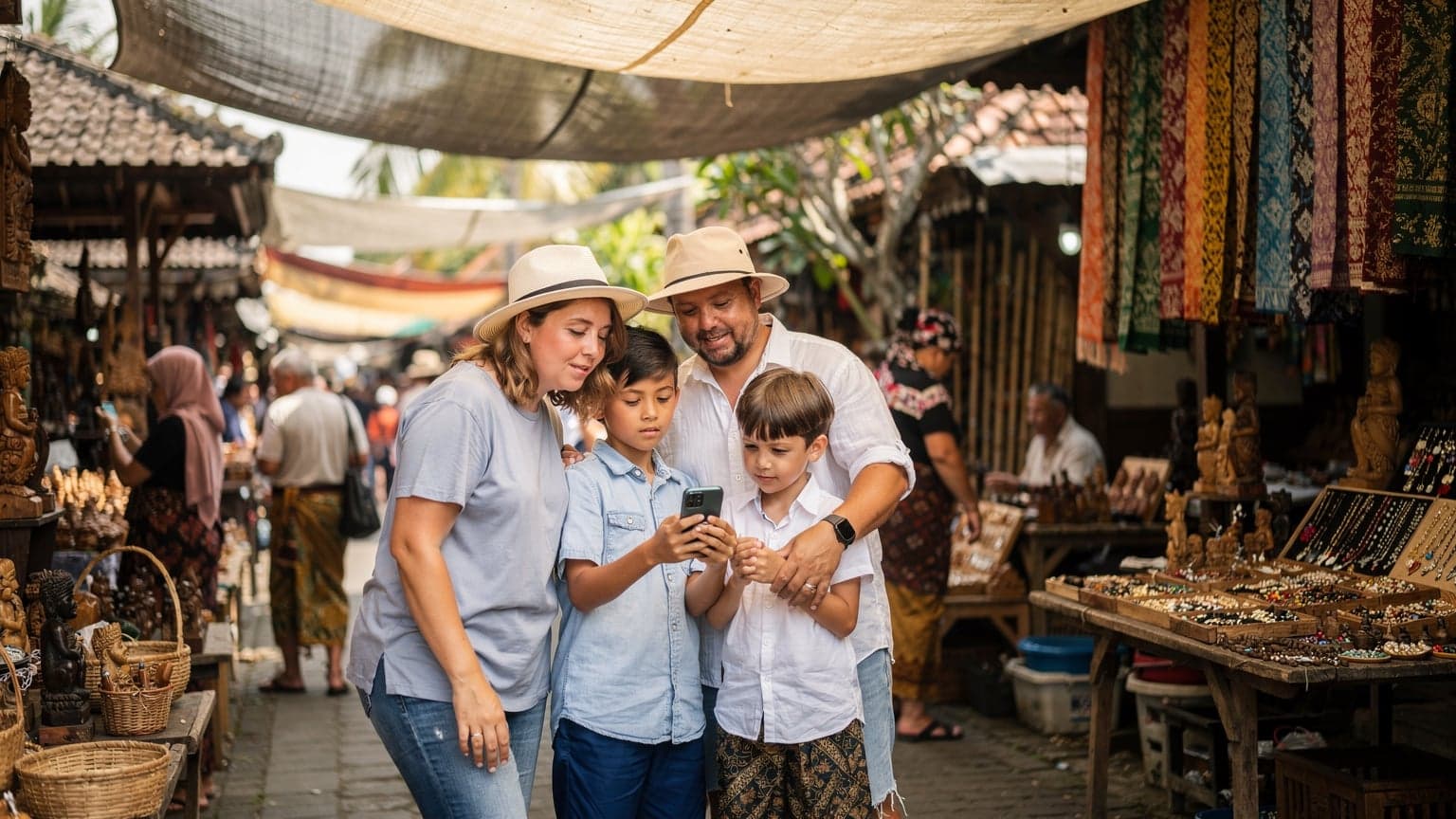 A family, including two children aged around 8 and 10, looking at a smartphone held by their parent while sitting on a bench at a bustling market in Ubud, Bali, surrounded by vibrant local crafts and tropical greenery.