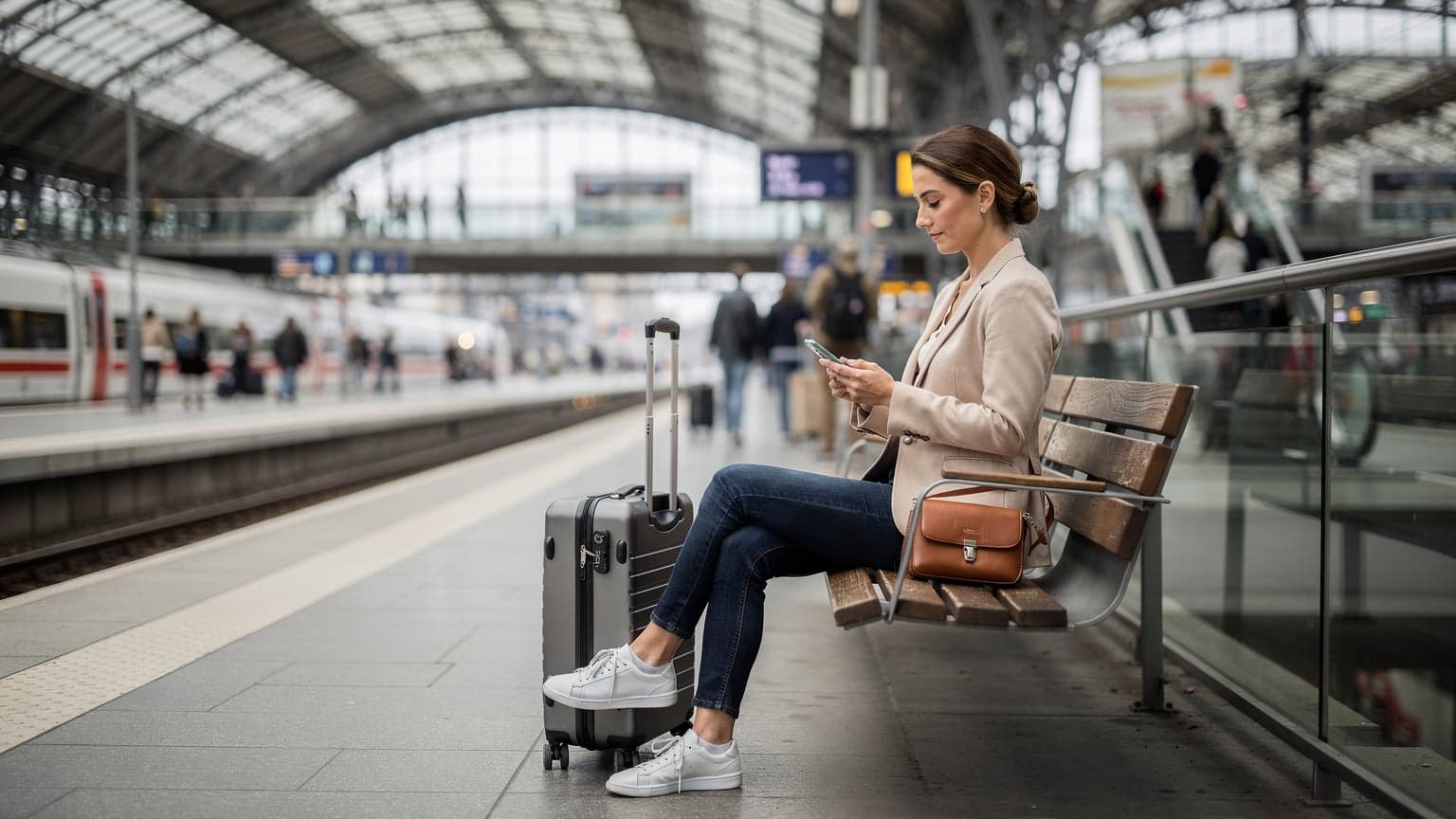 En kvinna i trettioårsåldern, klädd i ljusa resekläder, sitter på en bänk vid ett tågspår på Berlin Hauptbahnhof, tittande på sin smartphone med ett fokuserat uttryck. Hennes ryggsäck ligger bredvid henne och tågavgångsskyltar skymtar i bakgrunden.