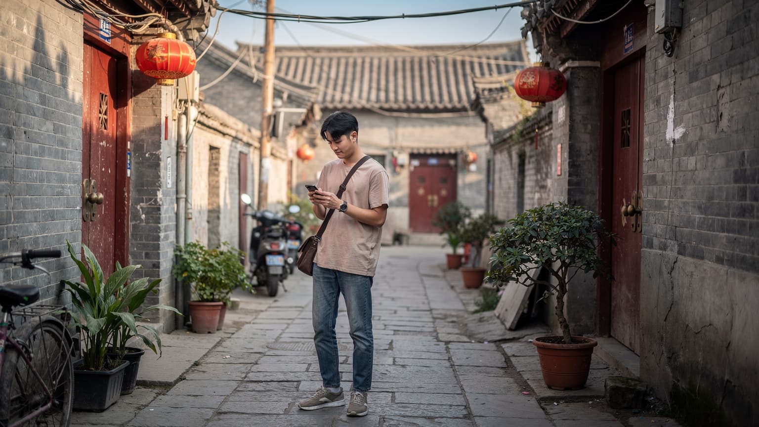 一名年輕的香港遊客在北京老胡同裡,手持手機,正在使用地圖應用程式,背景是傳統的四合院和藍天。