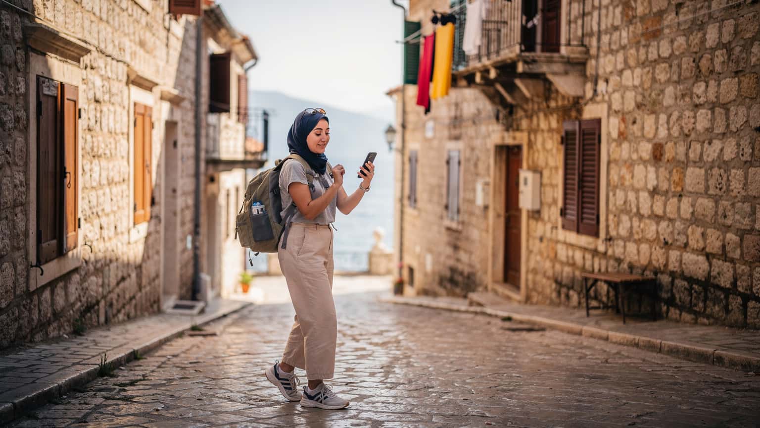 Kurban Bayramı tatilinde Karadağ'ın Budva şehrindeki Eski Kent'in dar sokaklarında yürüyen, elinde telefonla haritaya bakan gülümseyen genç bir Türk kadın gezgin.