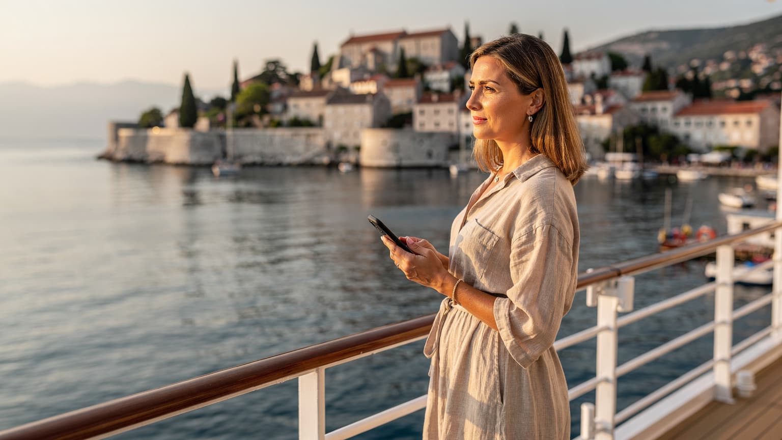 Eine Frau in einem eleganten Sommerkleid hält ihr Smartphone mit Blick auf das klare türkisfarbene Wasser der Adria, ein luxuriöses Kreuzfahrtschiff ist im Hintergrund leicht verschwommen zu sehen.
