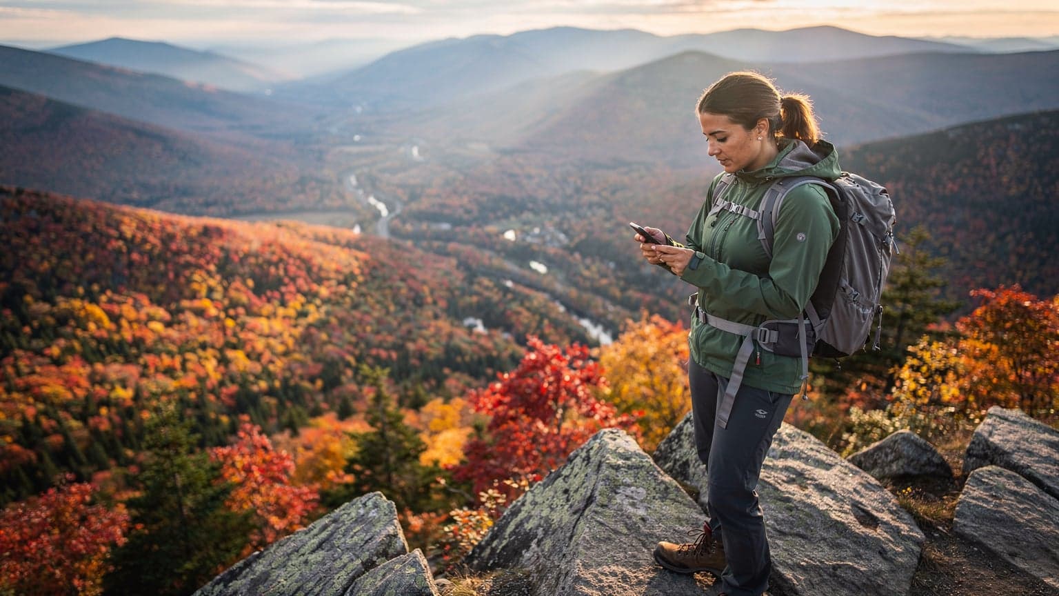 A traveler holding a smartphone with a fall foliage map on the screen, standing on a scenic overlook in the White Mountains of New Hampshire during peak autumn.