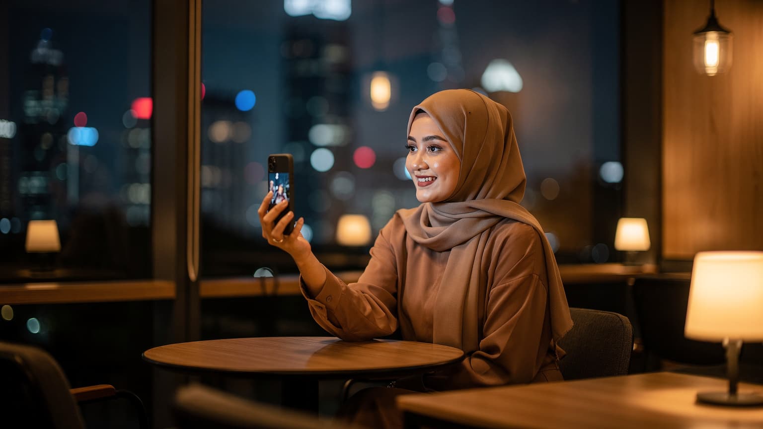 Seorang wanita berhijab sedang video call dengan keluarganya sambil tersenyum di sebuah kafe modern di Kuala Lumpur, Malaysia, dengan latar belakang gedung-gedung tinggi yang berkilauan di malam hari.