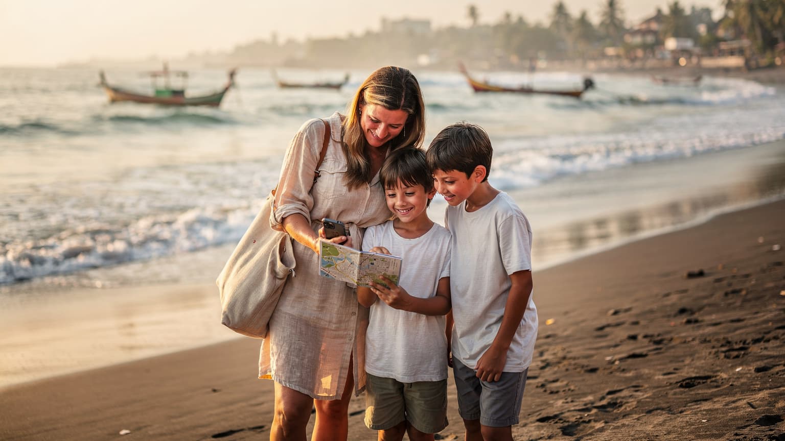 Seorang ibu dan dua anaknya sedang tersenyum riang sambil melihat peta digital di ponsel di tepi Pantai Seminyak, Bali, saat matahari terbit di balik awan. Mereka sedang merencanakan hari liburan.