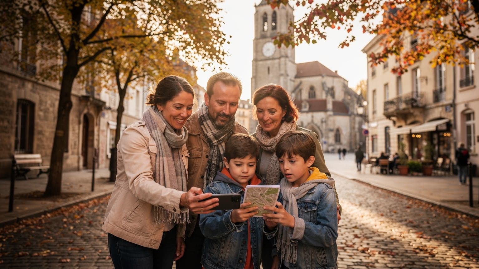 A family, parents and two children, looking at a digital map on a smartphone while standing on a cobblestone street in a historic European city during autumn, with vibrant fall foliage in the background.