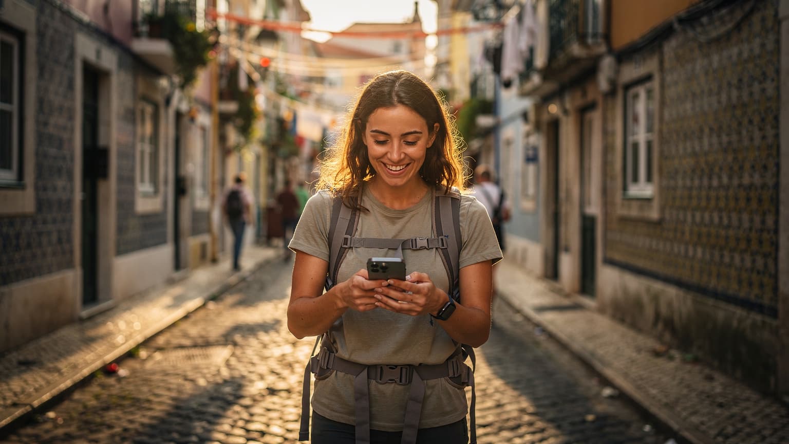 Uma mulher sorridente com uma mochila, olhando para o seu iPhone recém-lançado com um eSIM ativo, enquanto caminha por uma rua de paralelepípedos coloridos em Alfama, Lisboa, com a luz dourada do fim da tarde realçando as fachadas dos edifícios históricos.