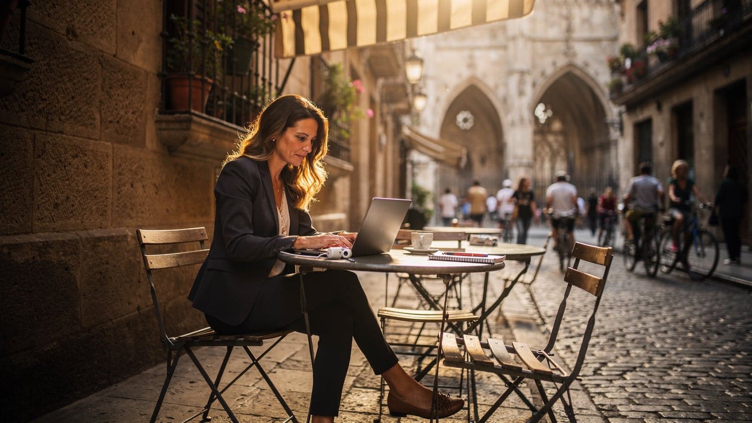 A woman confidently working on her laptop at a sunlit café terrace in Barcelona's Gothic Quarter, with a hot coffee and a small plate of churros beside her, her phone displaying an eSIM activation QR code.