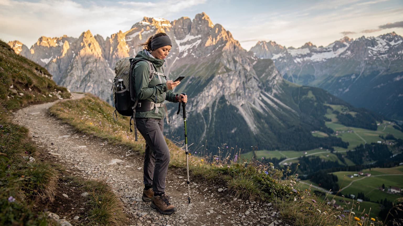 Eine Wanderin mit Rucksack und Wanderstöcken, die auf einem Bergpfad in den österreichischen Alpen steht und auf ihr Smartphone schaut, während sie die atemberaubende Landschaft im Hintergrund betrachtet.