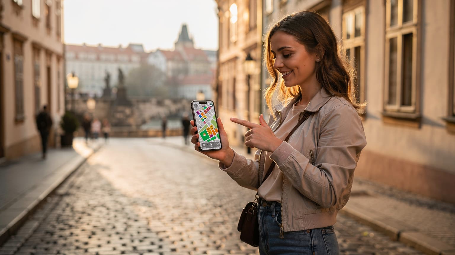 Žena s úsměvem drží iPhone 18 Pro Max a ukazuje na mapu historického centra Prahy, slunce se opírá do fasád budov.