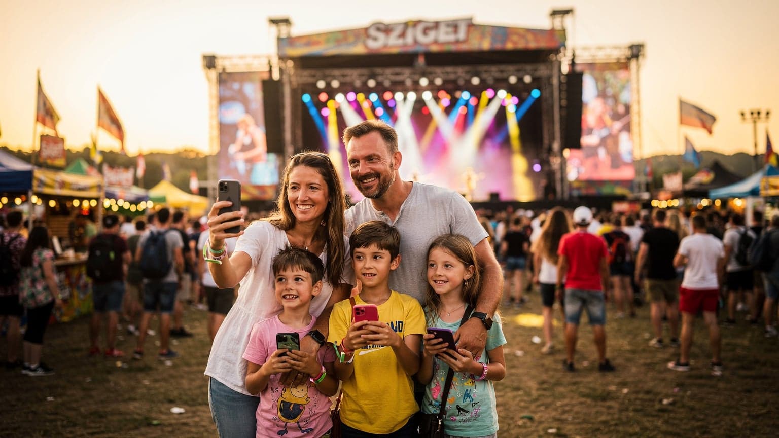 Sziget Festivali'nde genç bir ailenin, anne ve babanın çocuklarıyla birlikte sahnedeki müzik grubunu izlerken telefonlarından canlı yayın yaptığı bir anın fotoğrafı.