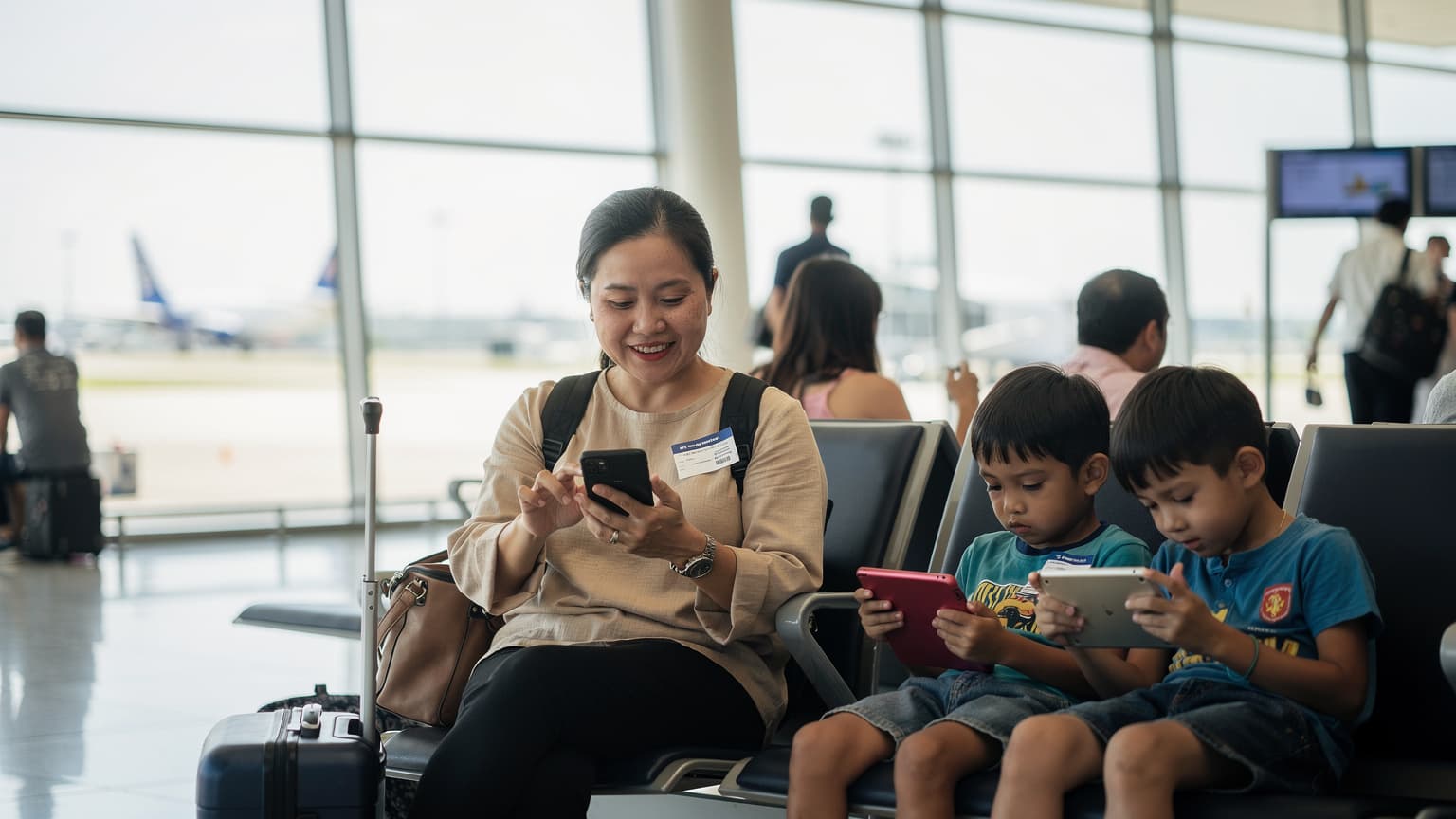 Một người phụ nữ Việt Nam đang mỉm cười, kiểm tra điện thoại thông minh của mình tại cổng khởi hành của một sân bay quốc tế hiện đại, vali hành lý gia đình và các con nhỏ đang chơi đùa ở phía sau.