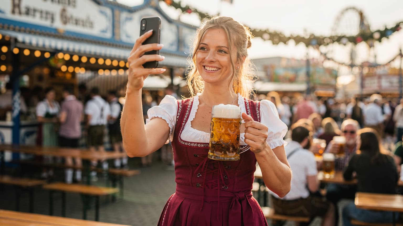 En kvinne i tradisjonell dirndl tar et bilde av et stort ølkrus med sin smarttelefon på Oktoberfest i München, med en folkemengde og telt i bakgrunnen.