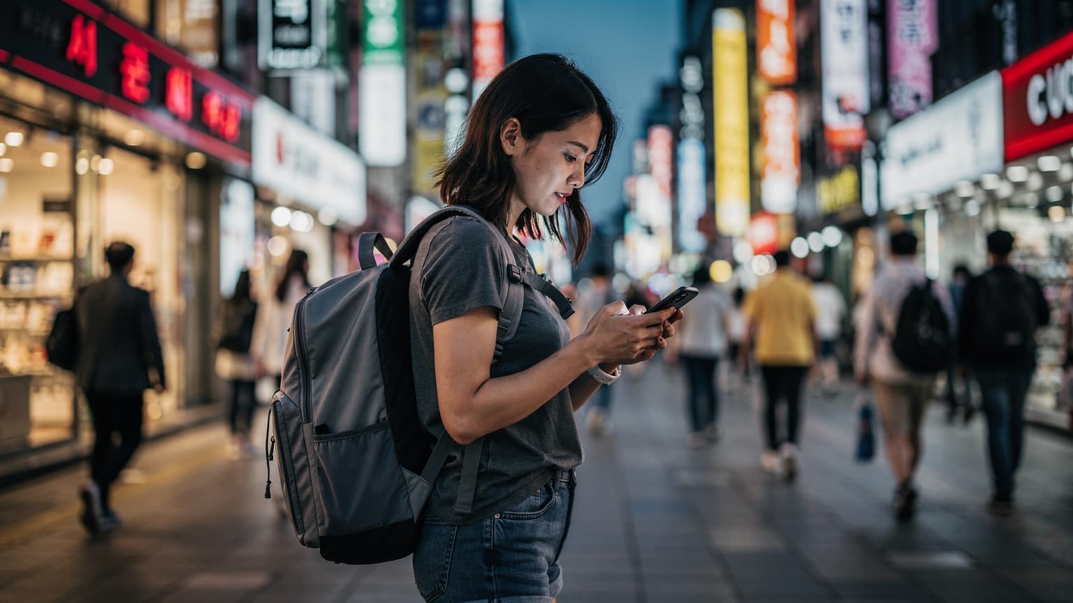 ソウルの賑やかな明洞の街角で、スマートフォンを片手に地図アプリを確認している女性旅行者。夕暮れ時で、ネオンサインが街を彩っている。