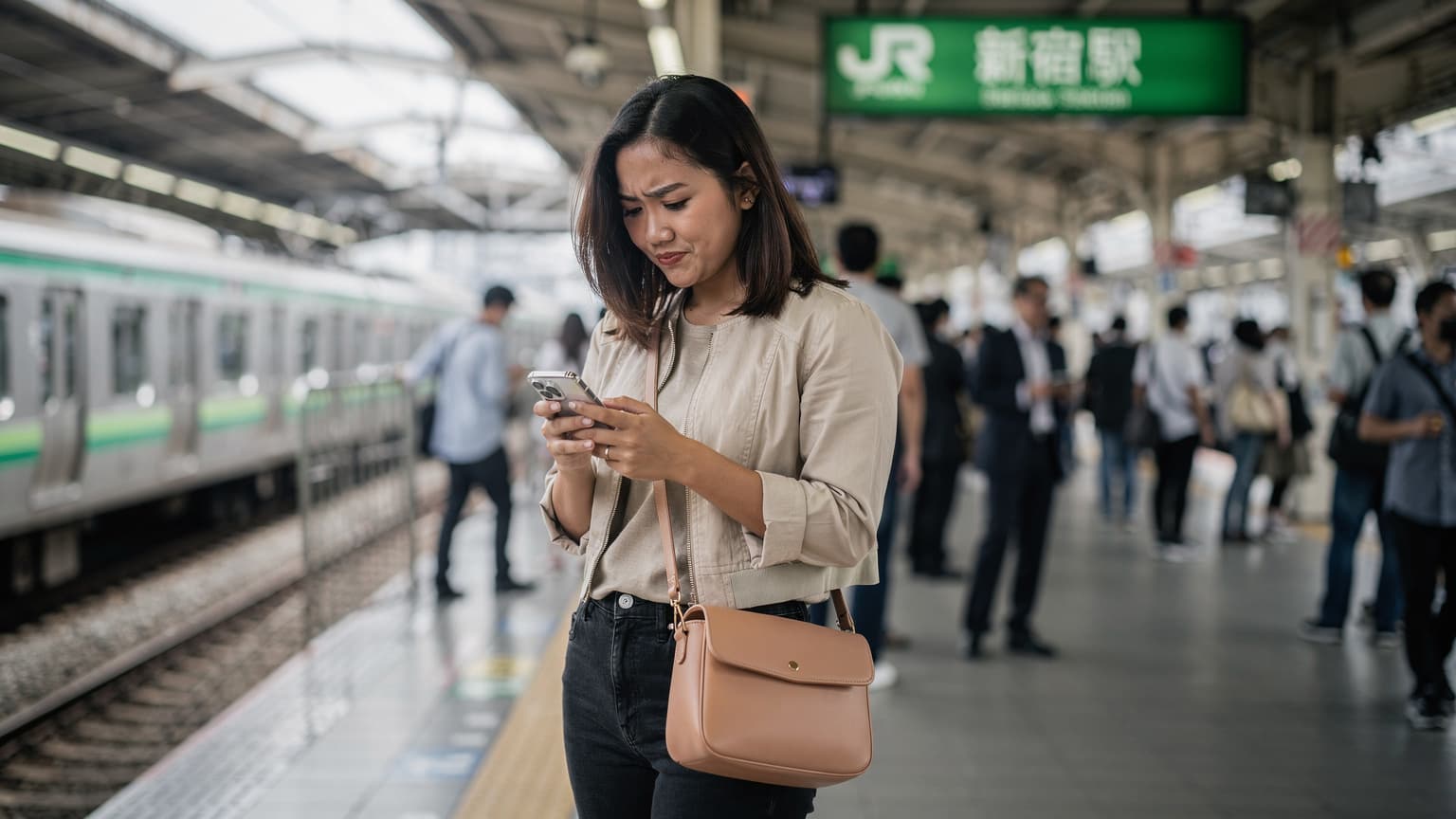 Seorang wanita Indonesia dengan tas selempang kecil sedang memeriksa ponselnya di platform Stasiun Shinjuku yang ramai di Tokyo, Jepang, dengan papan nama JR East terlihat di latar belakang.
