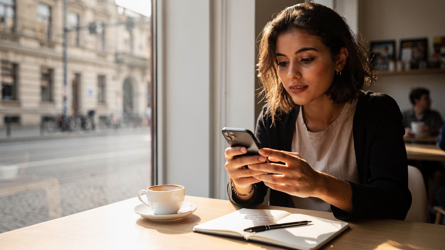 Une étudiante française assise à une table de café ensoleillée à Berlin, consultant son téléphone avec une tasse de café et un carnet ouvert, symbolisant la connectivité et les études à l'étranger.