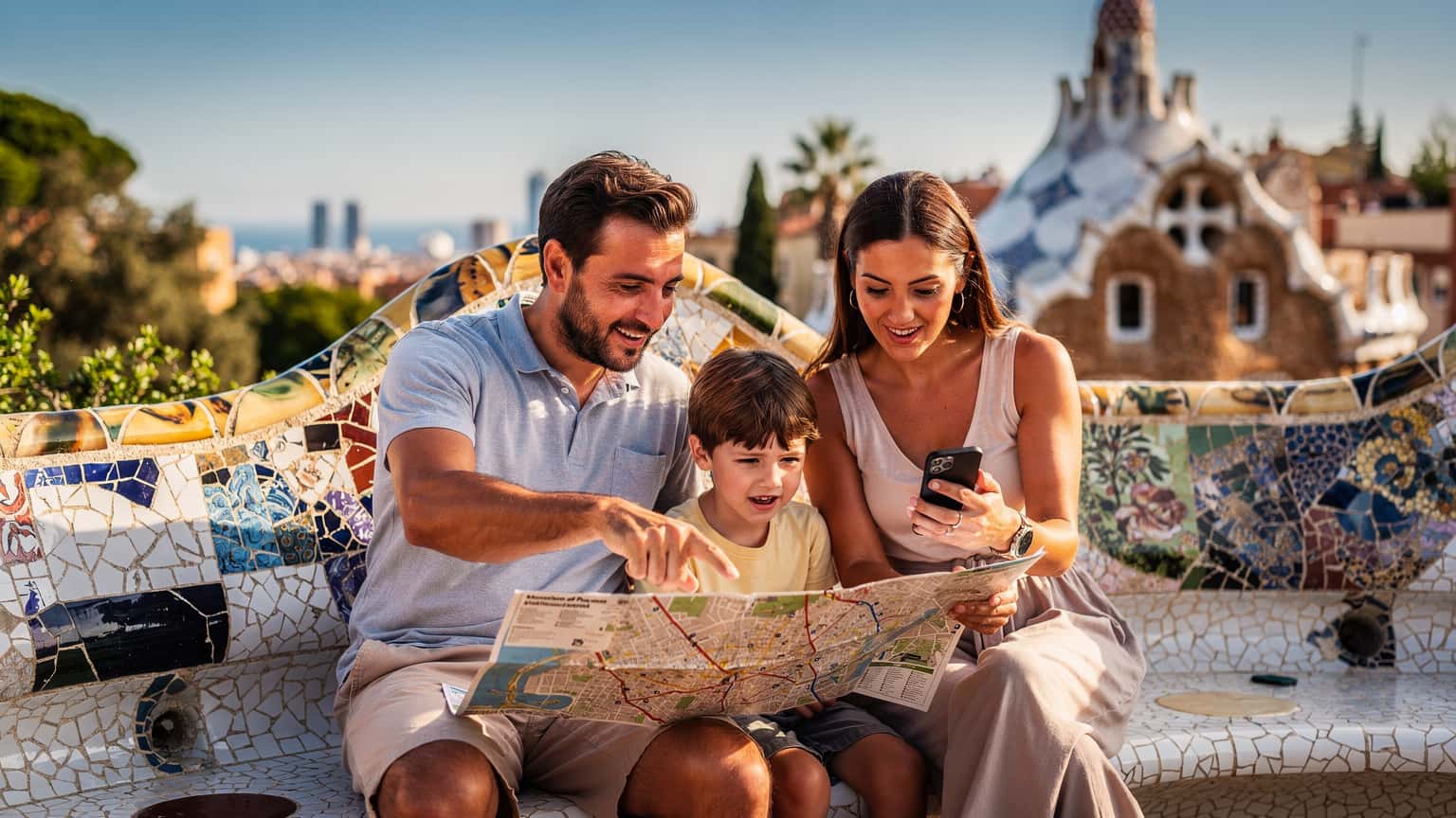 Una familia con dos niños pequeños, un padre y una madre, sentados en un banco en el Parque Güell de Barcelona, mirando un mapa con el icónico mosaico de Gaudí y el cielo azul de fondo.