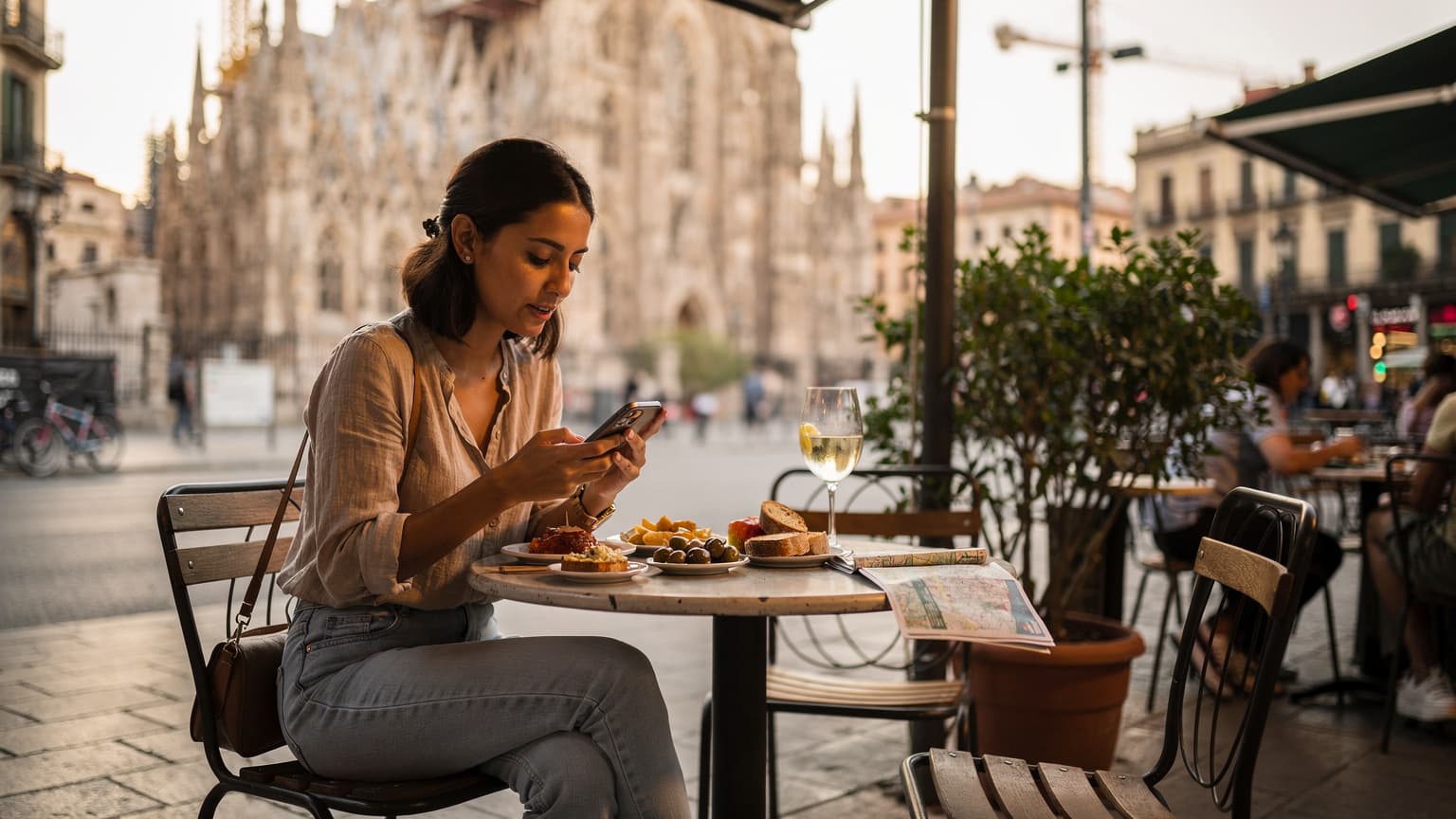 Une jeune femme, l'air concentré, vérifie son téléphone sur une terrasse animée donnant sur la Sagrada Familia à Barcelone, avec des tapas et une boisson sur la table.