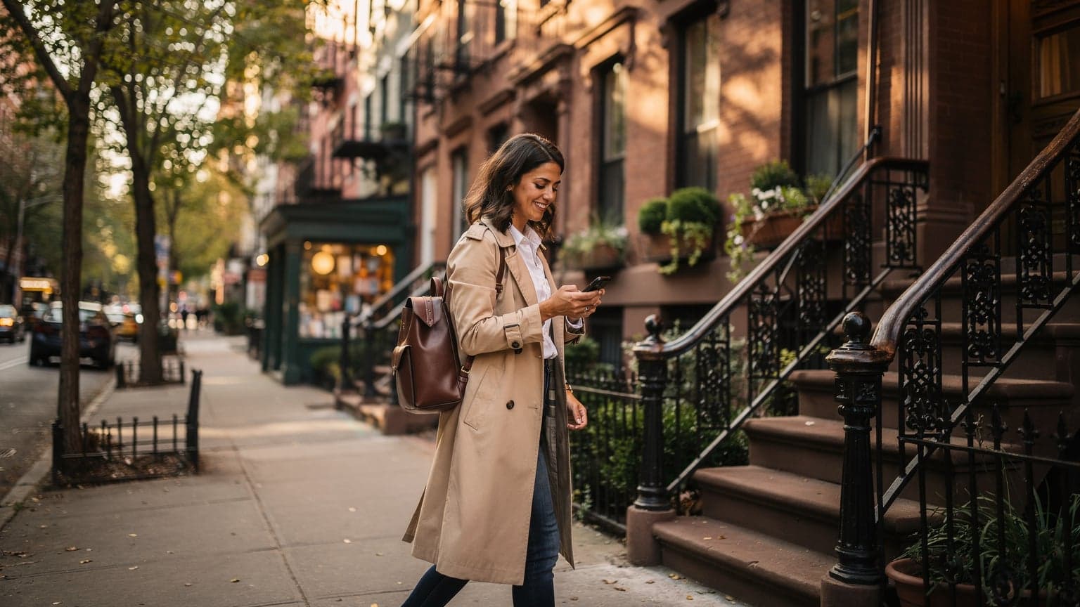 A woman confidently navigating her smartphone on a busy street in New York City's Greenwich Village, looking up at a historic brownstone.