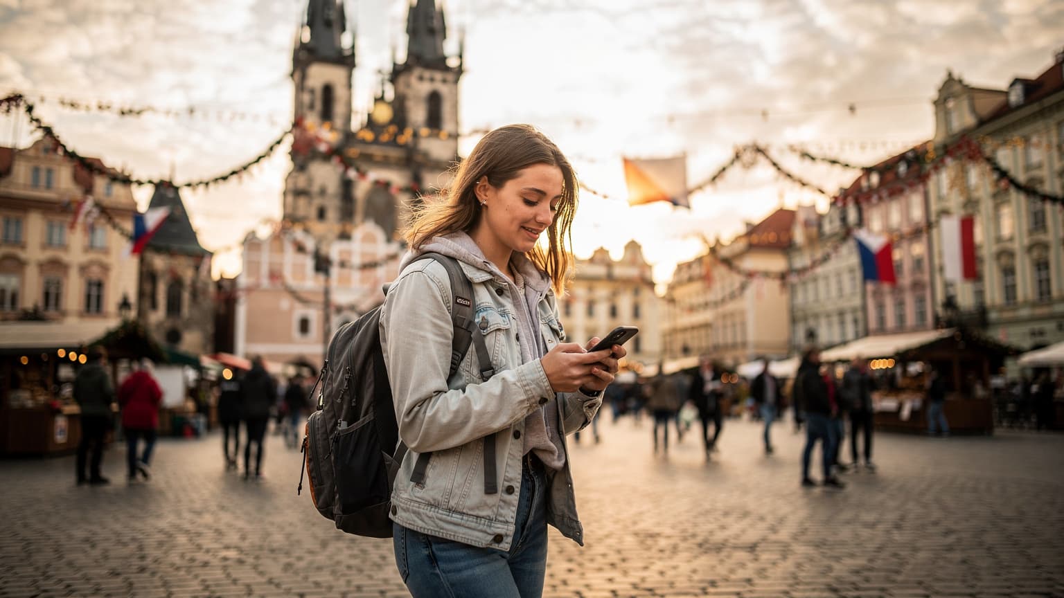 Mladá žena s batohem prochází po Staroměstském náměstí v Praze během Svatováclavských slavností, drží telefon s otevřenou mapou a usmívá se na kamarádku, zatímco v pozadí je vidět Týnský chrám.