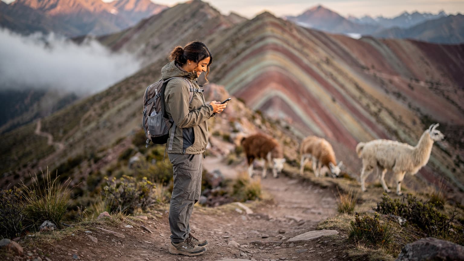 Una viajera sonríe mientras revisa su teléfono en un sendero nublado de la montaña de los Siete Colores en Palccoyo, Perú, con una llama pastando tranquilamente en segundo plano.