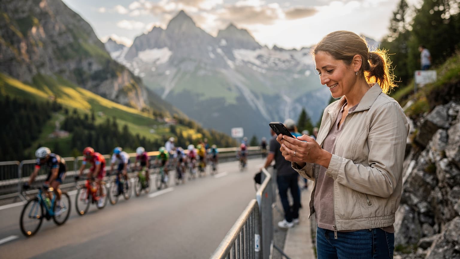 Een toeschouwer langs de weg in de Franse Alpen, glimlachend terwijl ze op haar telefoon live updates van de Tour de France 2026 bekijkt, met wielrenners op de achtergrond.