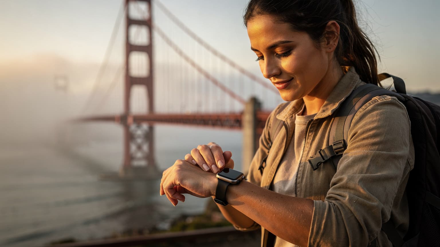 En kvinne med en ryggsekk sjekker sin Apple Watch Series 9 med et eSIM aktivert, mens hun står foran den ikoniske Golden Gate Bridge i San Francisco, med tåke og morgensol som skaper en dramatisk bakgrunn.