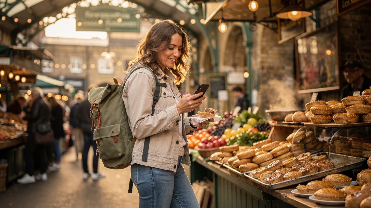Una viajera sonriente en el vibrante mercado de Borough Market en Londres, revisando su teléfono con una eSIM activa mientras disfruta de un pastel de carne, con la luz dorada del atardecer filtrándose entre los puestos.
