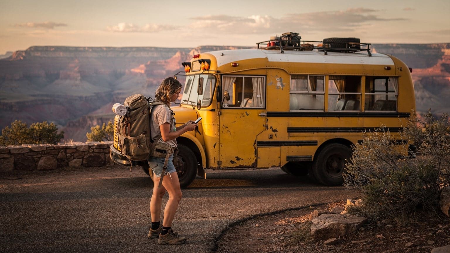 Een jonge vrouw met een rugzak kijkt op haar telefoon terwijl ze staat bij een iconische gele schoolbus in de buurt van de Grand Canyon, met de zonsondergang op de achtergrond.