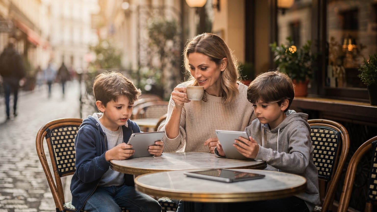 Eine Mutter lächelt entspannt, während ihre beiden Kinder im Teenageralter in einem sonnigen Pariser Café auf ihren Tablets spielen, während ein Reiseführer und ein Smartphone daneben liegen.