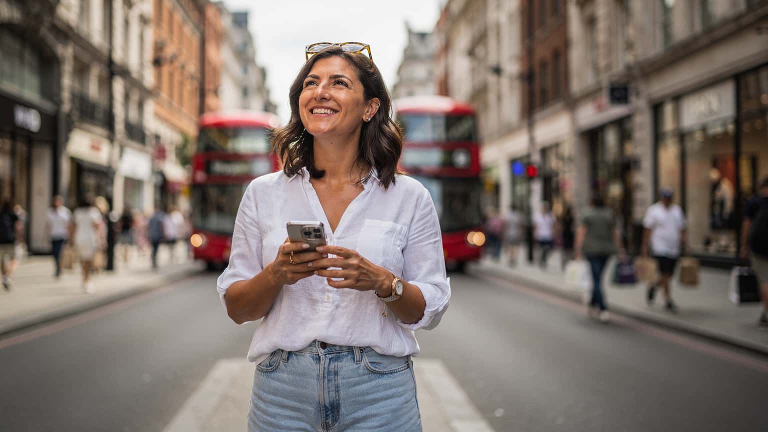 Una donna italiana sorride mentre tiene il suo smartphone con un'eSIM attiva, immersa nella vivace atmosfera di Oxford Street a Londra durante i saldi estivi del 2026, con sacchetti della spesa sullo sfondo.