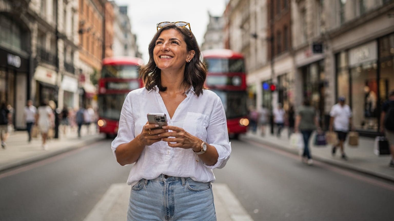 Una donna italiana sorride mentre tiene il suo smartphone con un'eSIM attiva, immersa nella vivace atmosfera di Oxford Street a Londra durante i saldi estivi del 2026, con sacchetti della spesa sullo sfondo.