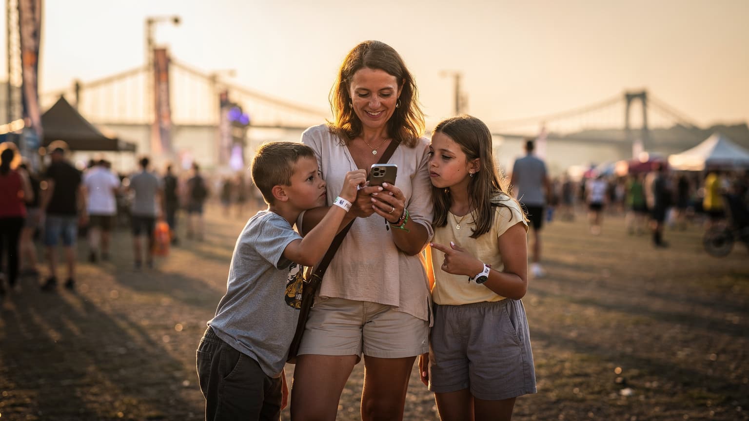 O mamă zâmbește în timp ce își ajută copiii să navigheze pe o hartă digitală a unui festival de muzică în Budapesta, cu Dunărea și Podul cu Lanțuri vizibile în fundal la apus.