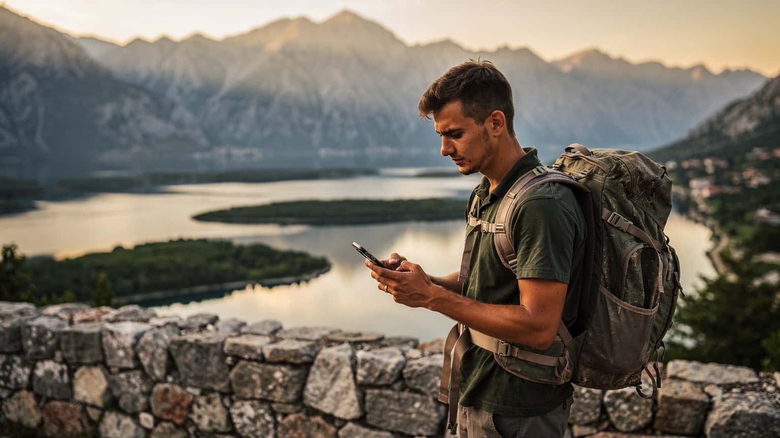 Mladý muž s batohem na zádech si prohlíží telefon na vyhlídce s panoramatickým výhledem na Skadarské jezero a hory na hranicích Albánie a Černé Hory, při východu slunce.