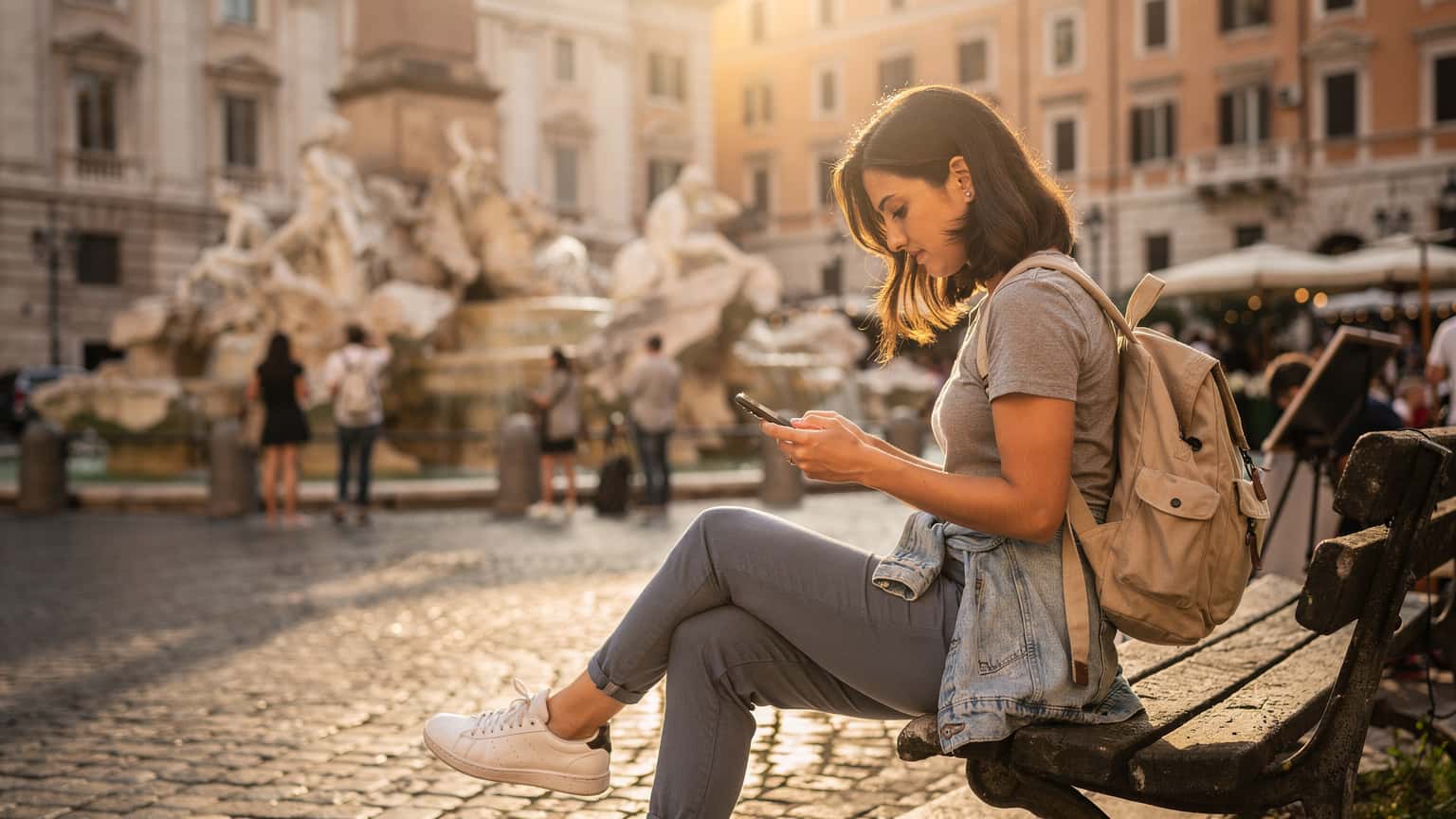 O tânără călătoare verifică harta pe telefonul ei cu eSIM, stând pe o bancă în Piazza Navona, Roma, cu fântâna lui Bernini în fundal.