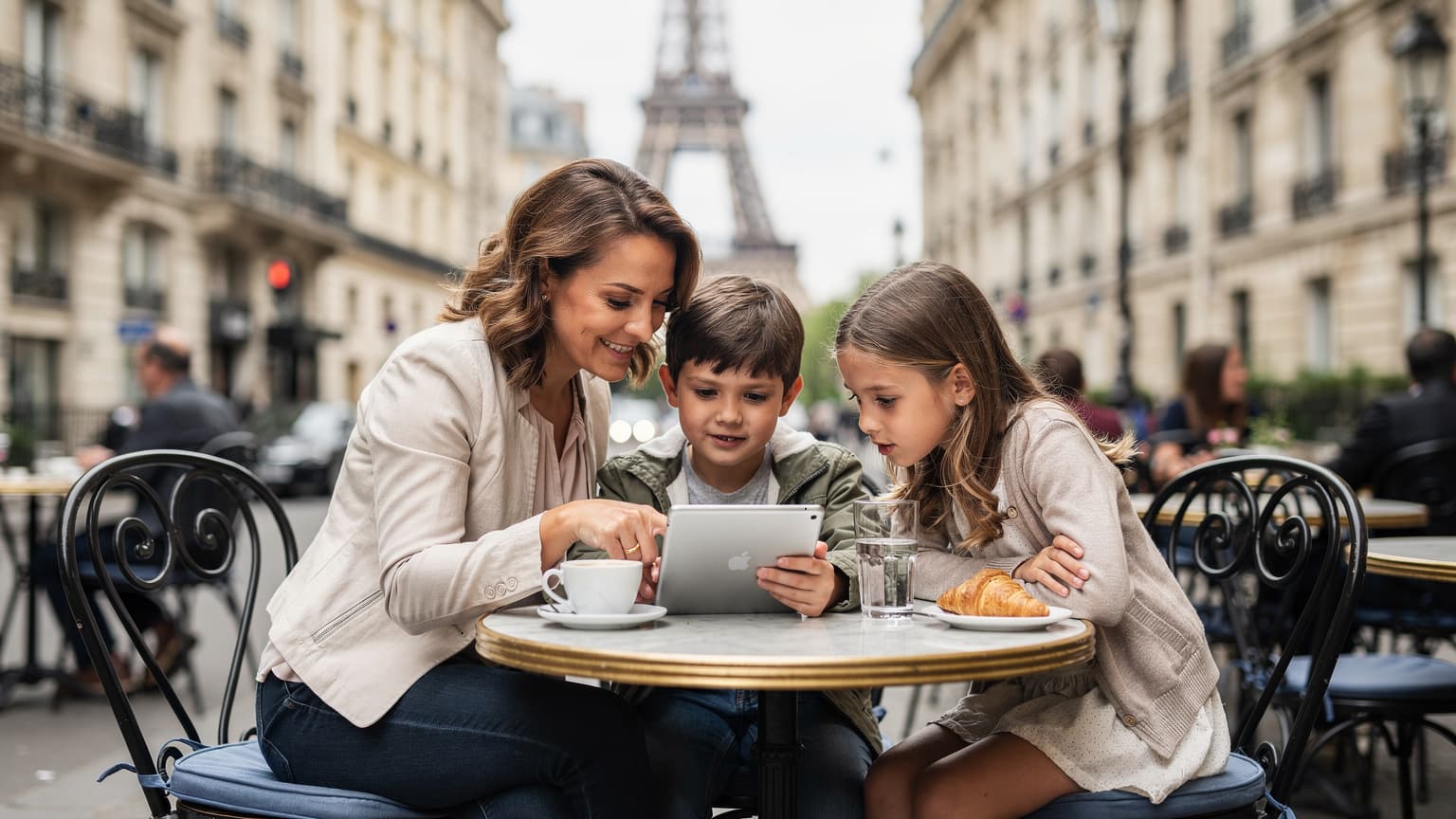 Une mère souriante et ses deux enfants consultent une carte sur une tablette, assis à la terrasse d'un café parisien typique avec une vue sur la Tour Eiffel en arrière-plan.