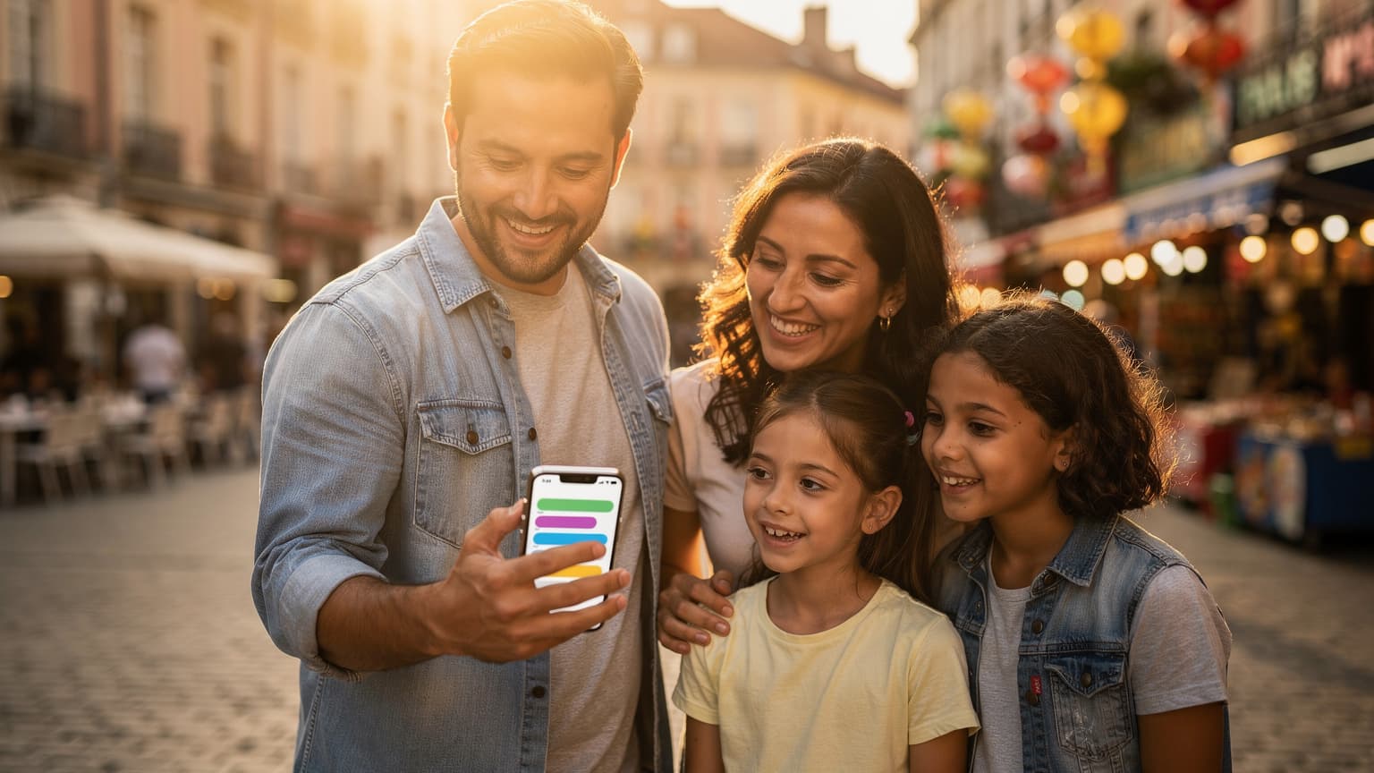 A modern family, including parents and two children, smiling and interacting in a sunlit European town square. One parent holds a smartphone displaying a generic messaging app, subtly hinting at communication while traveling. The background is a charming, slightly blurred street scene. The image conveys seamless global connection and joyful travel.