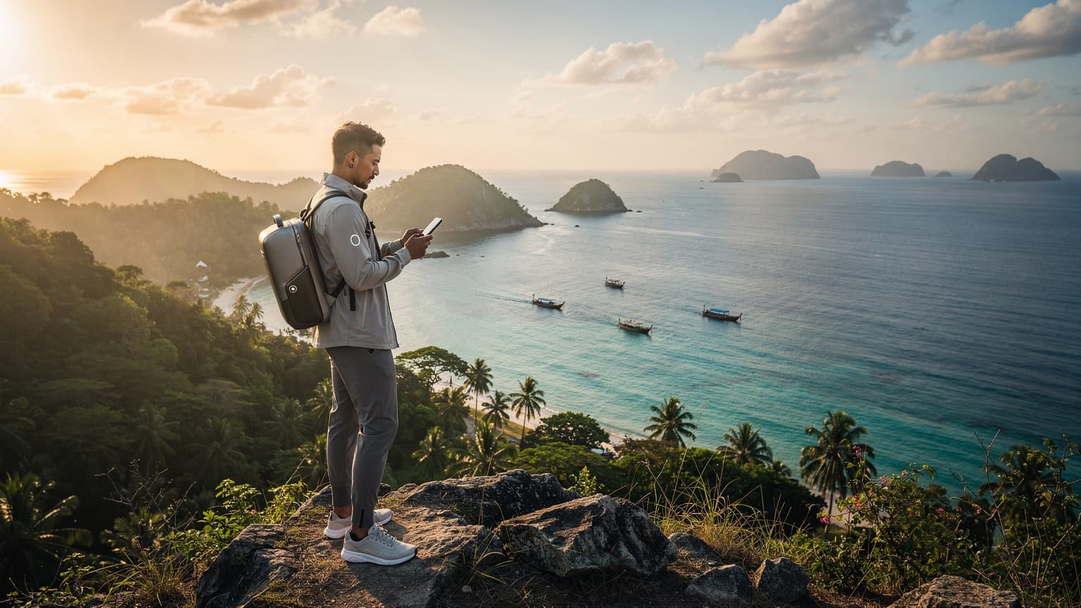 A solo traveler overlooking a scenic Thai island coastline at sunset, subtly interacting with a smartphone, symbolizing seamless travel connectivity.