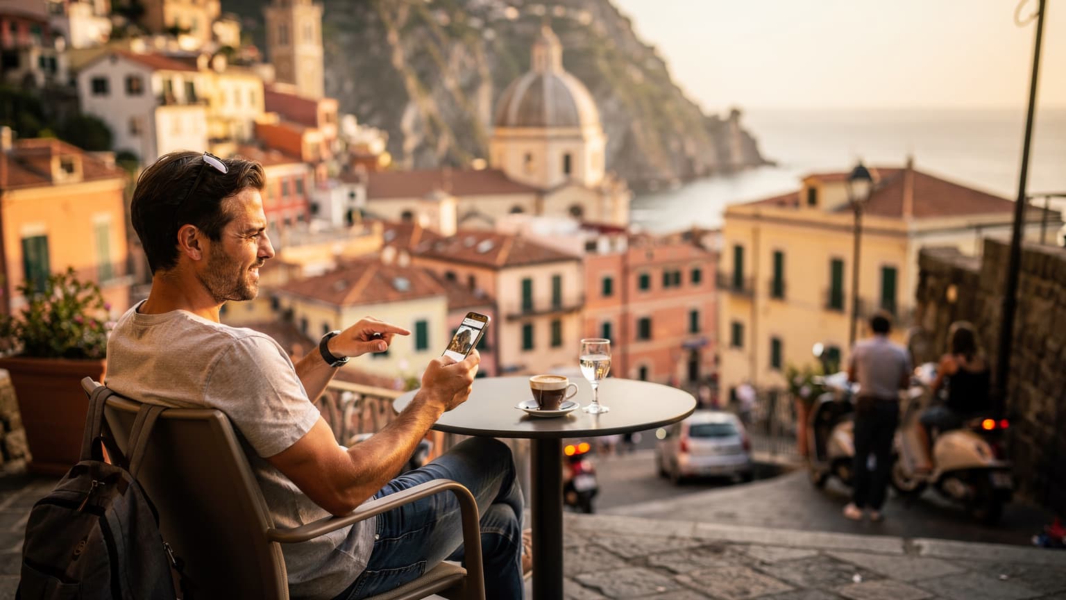 A photorealistic, cinematic image of a relaxed traveler using a smartphone in a beautiful, sun-drenched Italian city or coastal setting, conveying seamless connectivity and stress-free travel.