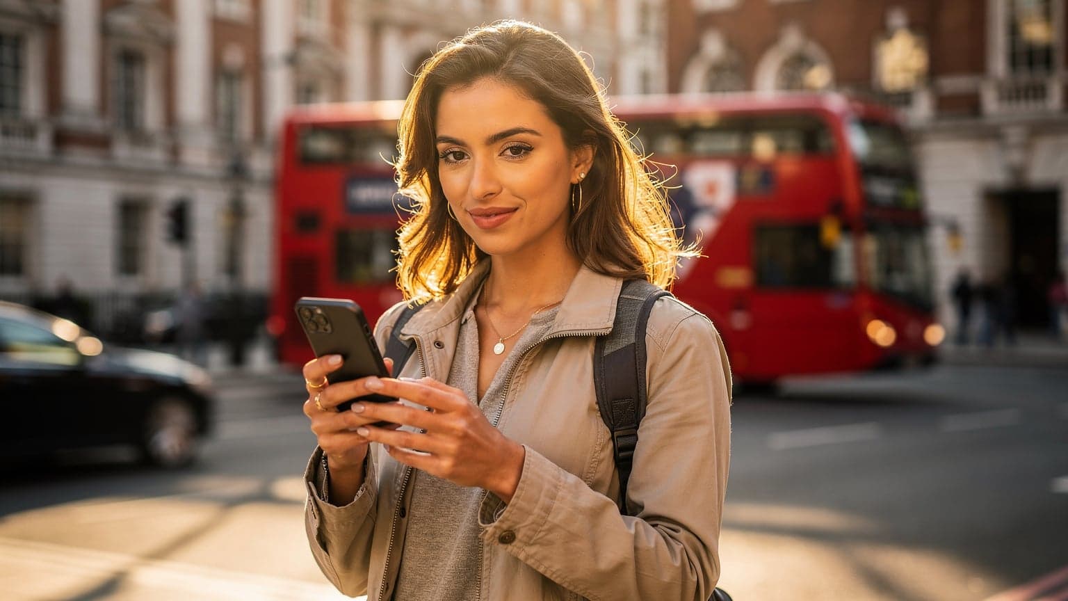 A person holding a smartphone and looking at its screen with a confident expression, set against a blurred background of a London street with a red double-decker bus. The image has warm, natural lighting.