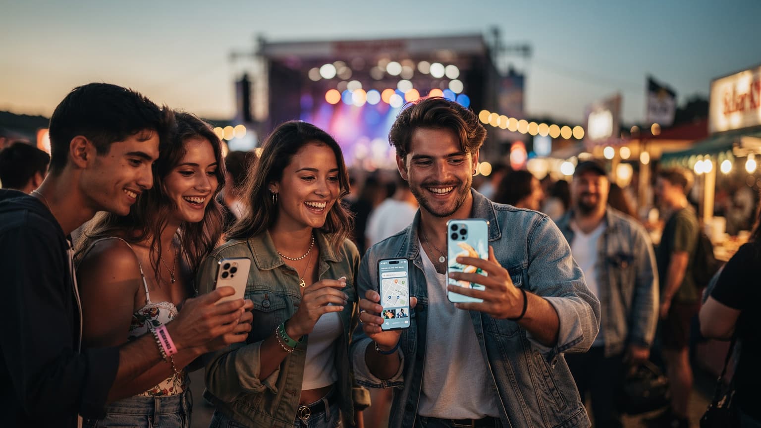 A diverse group of young adults at a vibrant outdoor music festival at dusk. One person is holding a Samsung S25 Ultra, another an iPhone 17 Pro, both appearing connected and engaged. The background shows blurred festival lights and crowds, evoking a lively atmosphere and the theme of staying online with eSIM during festival season.