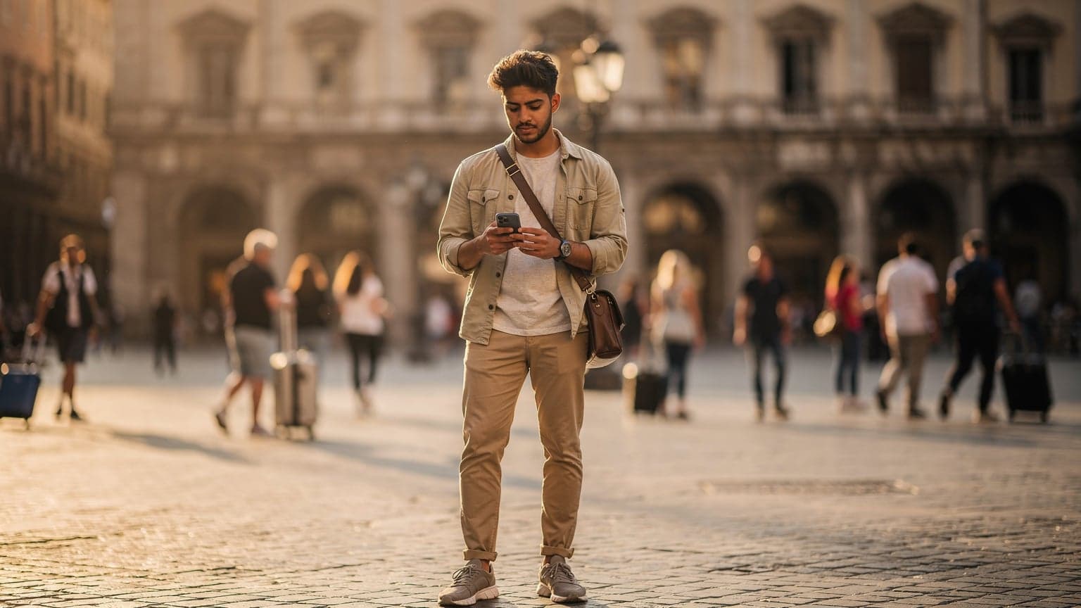 A photorealistic, cinematic hero image for a travel and tech magazine, depicting a young traveler in a sun-drenched European city square, thoughtfully examining their smartphone as if comparing international mobile plans. Blurred historic architecture and pedestrians are in the background.