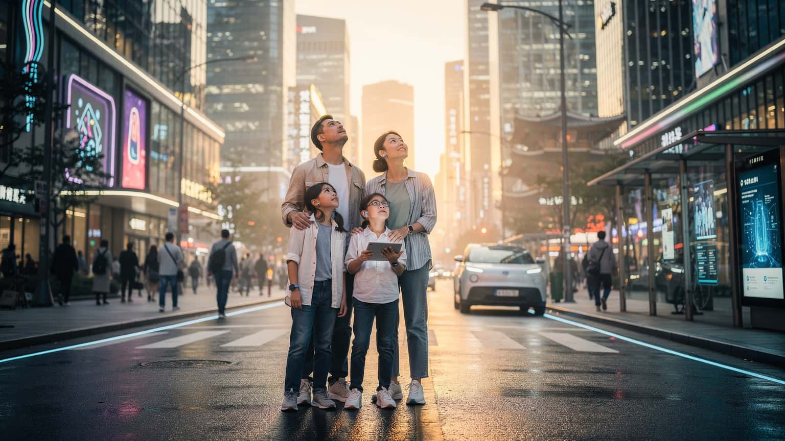 A photorealistic image depicting a diverse family in a modern South Korean city at golden hour, looking up at futuristic skyscrapers while interacting with a tablet, symbolizing connected travel and discovery.