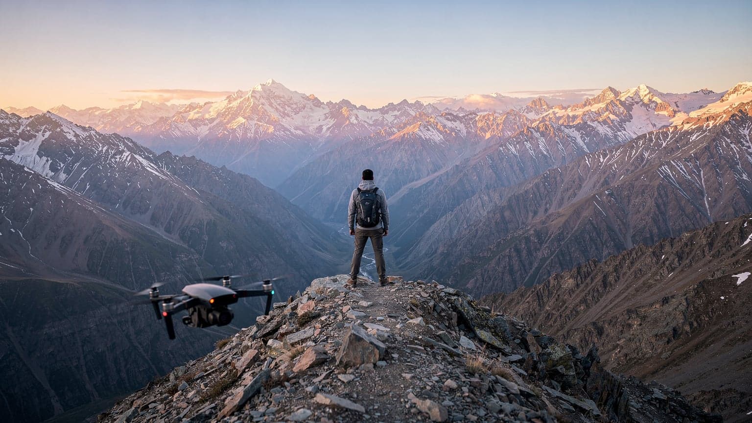 A wide shot of the Pamir Mountains in Tajikistan at sunrise, with a person in modern hiking gear on a ridge looking at the view, and a drone subtly in the foreground.