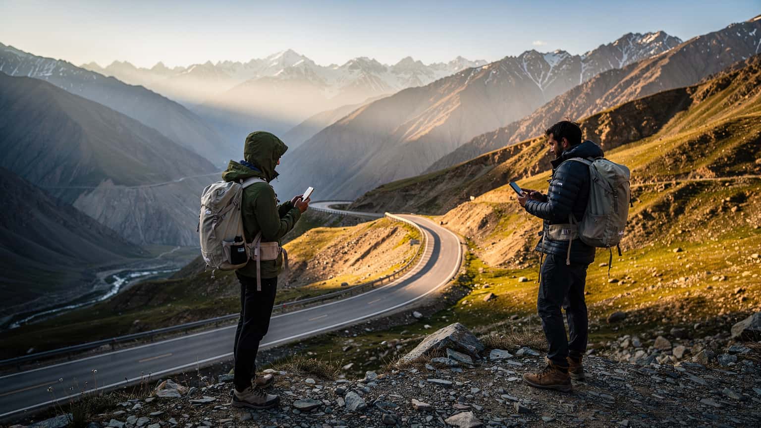 A lone traveler on a mountain pass in Tajikistan, looking at a vast, rugged landscape at golden hour, with a winding road below and a subtle hint of a modern device, representing travel, connectivity, and safety.