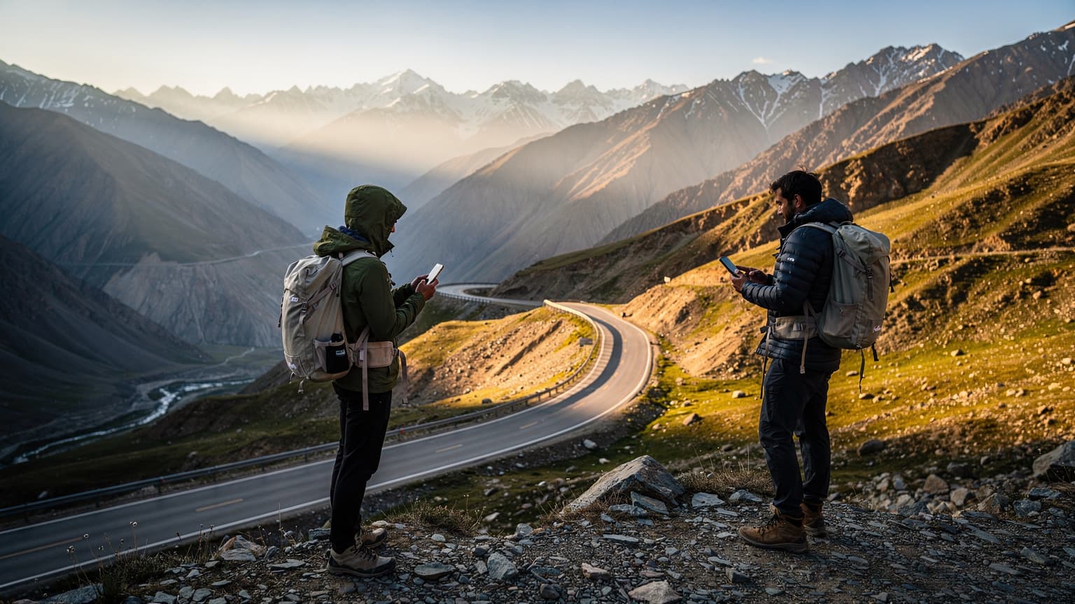 A lone traveler on a mountain pass in Tajikistan, looking at a vast, rugged landscape at golden hour, with a winding road below and a subtle hint of a modern device, representing travel, connectivity, and safety.