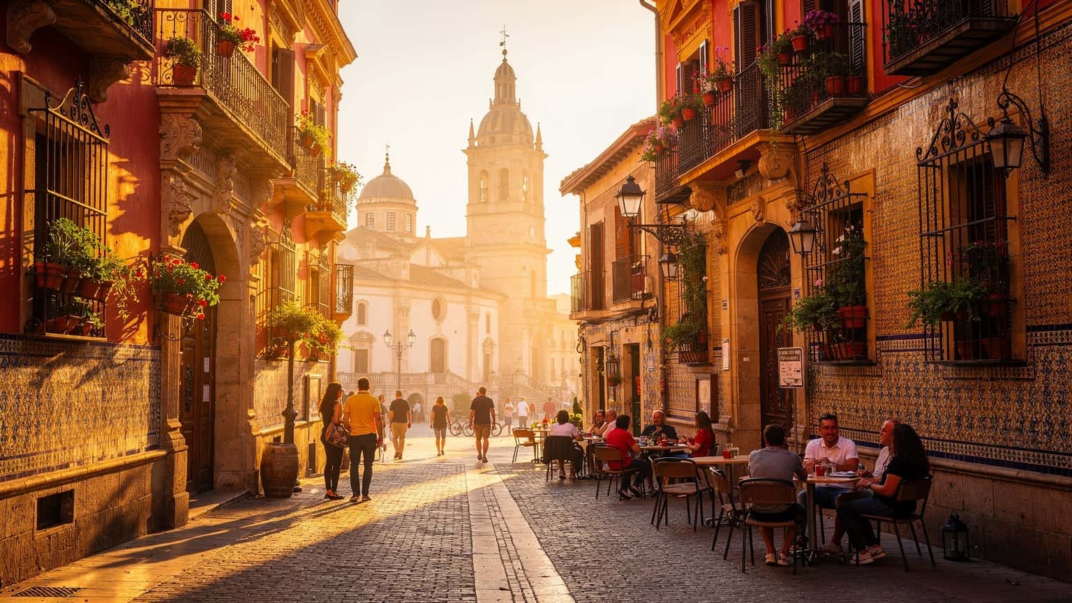 A wide, cinematic photo of a picturesque Spanish plaza or street at golden hour, featuring historic architecture and warm light, suitable for a travel magazine.