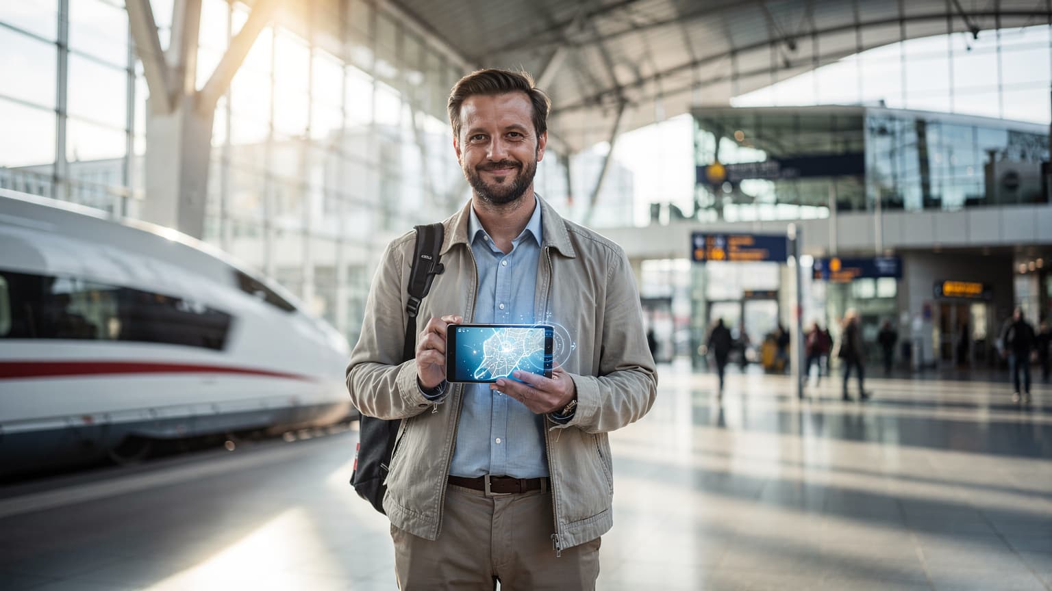 A photorealistic, editorial hero image for a travel and technology magazine, depicting a person confidently using a smartphone in a modern German city, symbolizing secure and seamless travel connectivity.